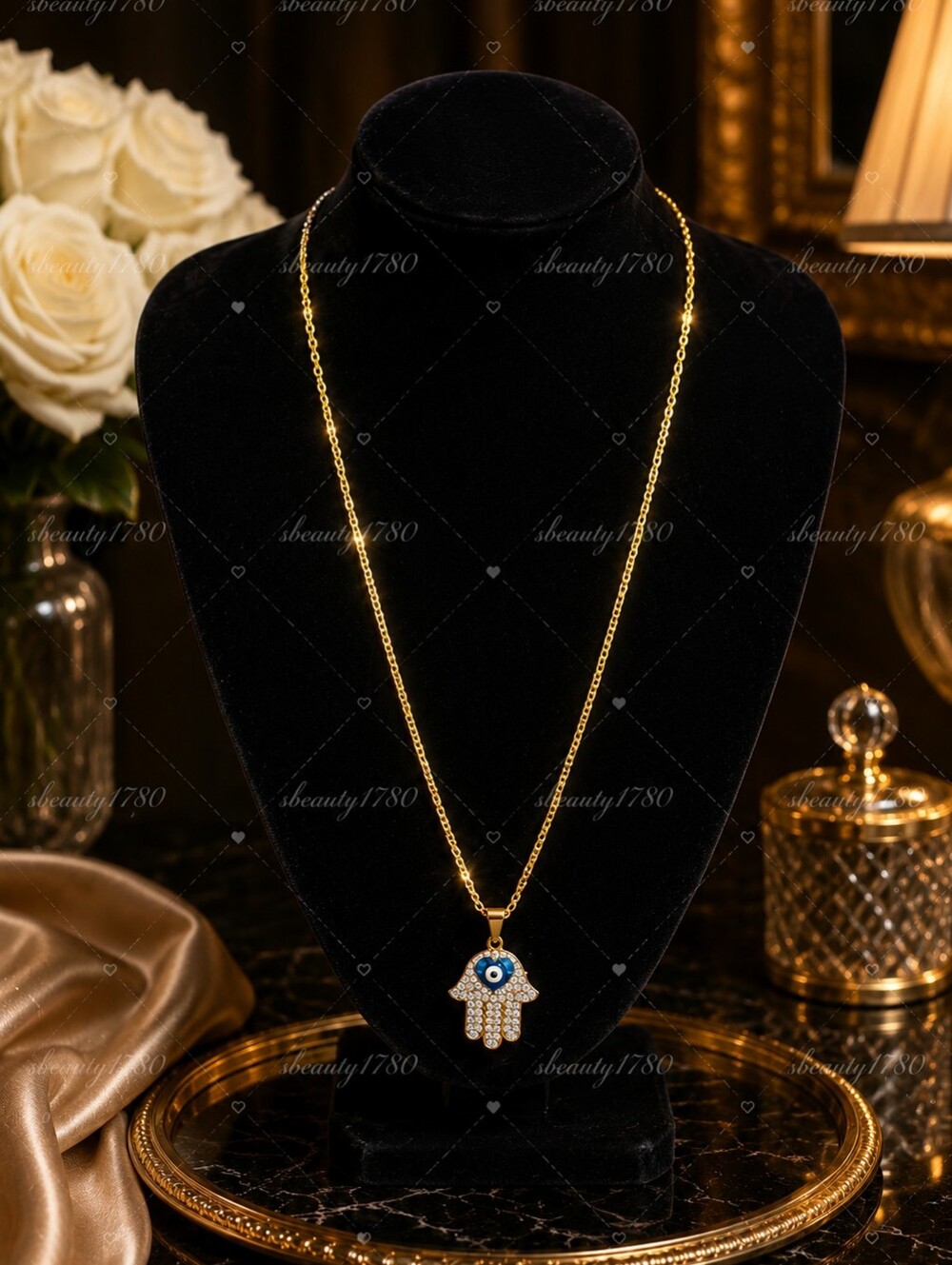 Gold Hamsa Hand Pendant Necklace with Blue Evil Eye